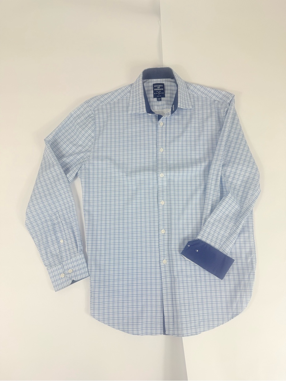 Society Of Threads Light Blue Checked Button-Down Shirt No Iron Slim Fit